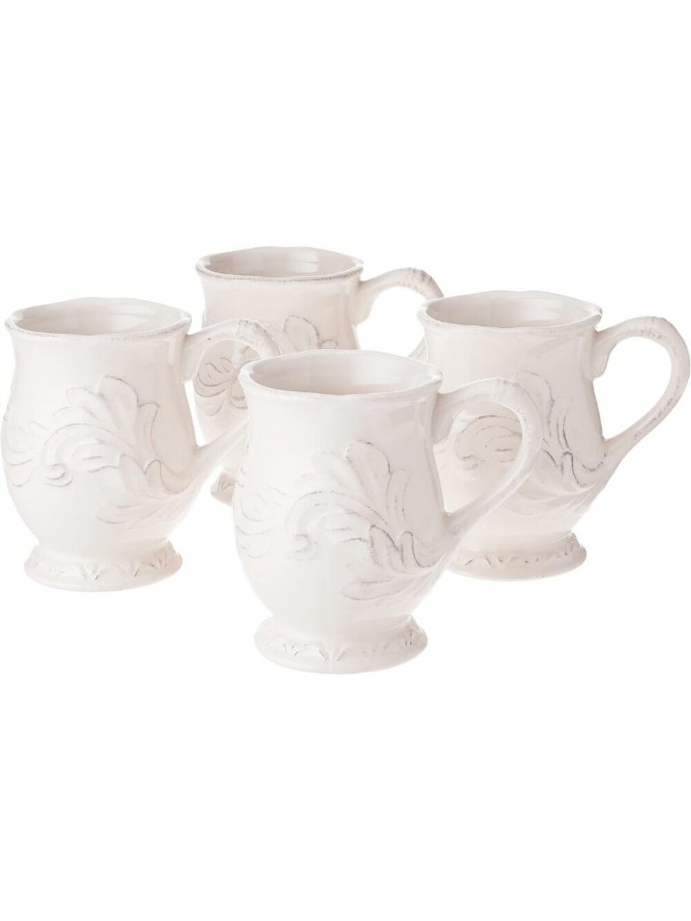 Vintage-Inspired Ivory Ceramic Mugs Set of 4 - Elegant Embossed Drinkware for